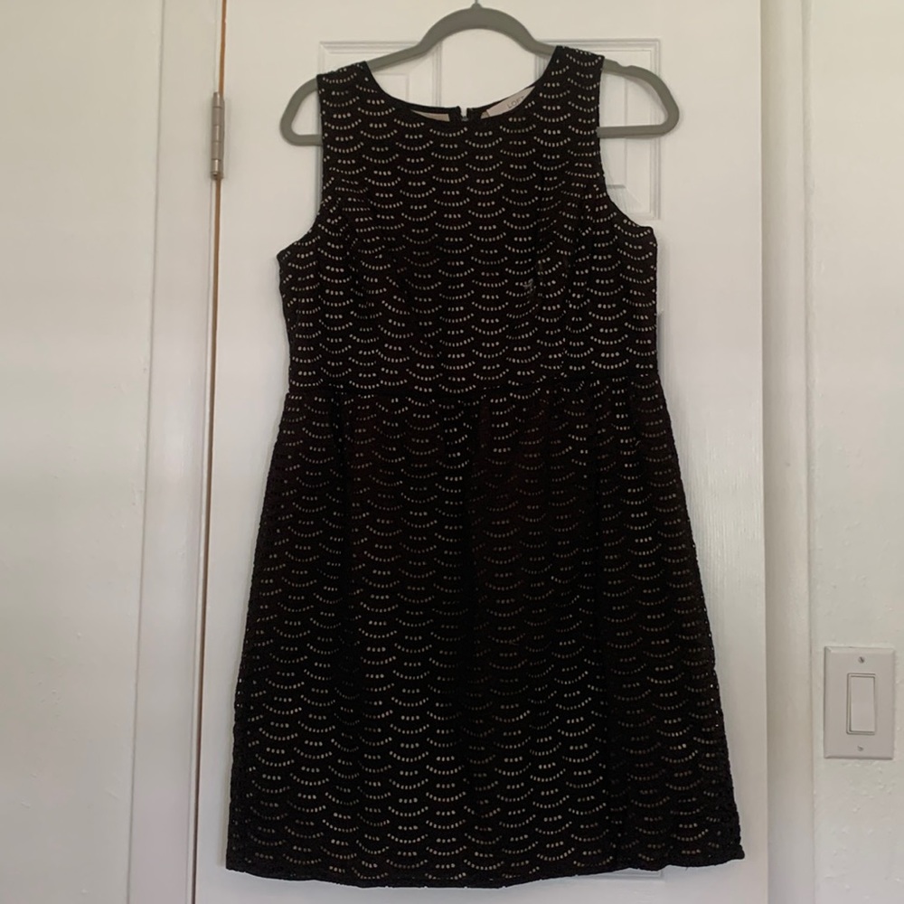 Loft Petite Black and Tan Scalloped Dress
